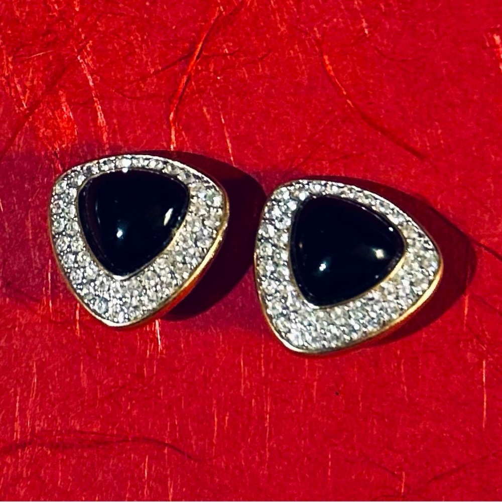 Vintage Signed DSC Daniel Swarovski Crystal Teardrop Onyx Stone Earrings